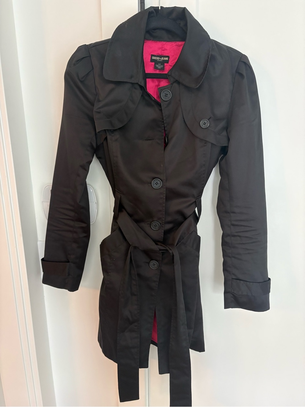Guess Black Trench Coat with Belt and Pink Lining